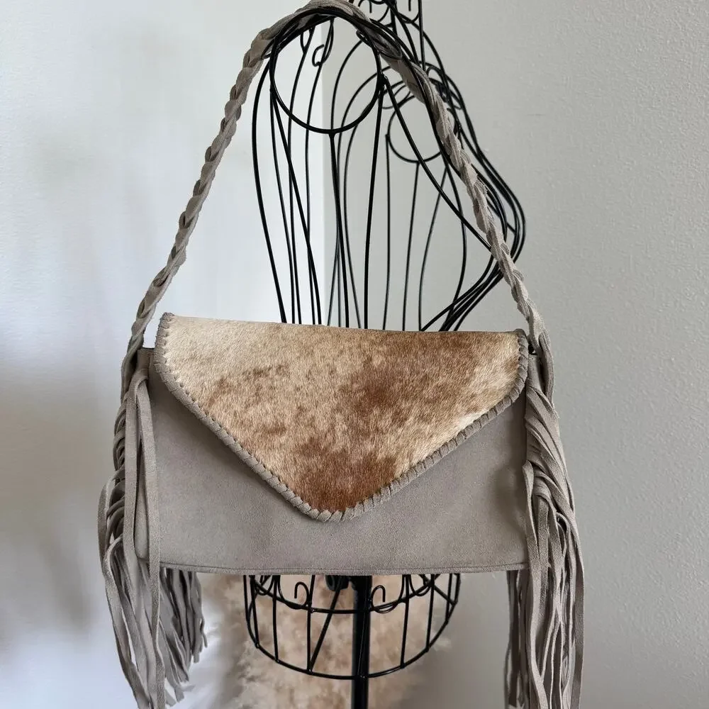 Zulia & Huipa Zina Fringe Shoulder Bag Suede & Cowhide Bone White Western
